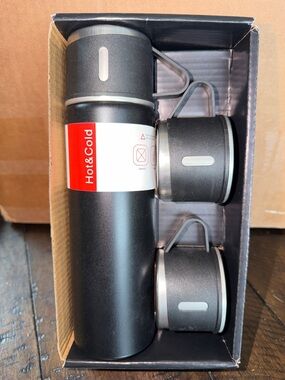 Black Stainless Hot & Cold Vacuum Flask with Two Cups